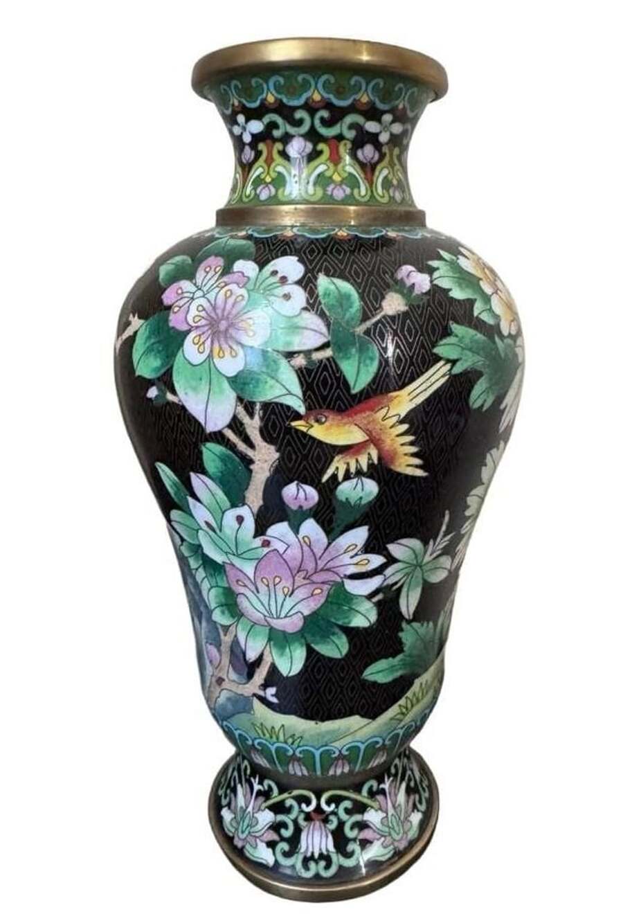 Chinese Cloisonne Enamel Vase Black Diamond Floral Bird